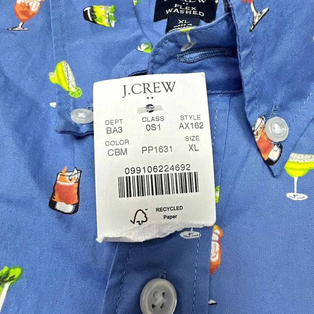 J Crew Shirt Mens XL Blue Button‎ Up Drink All Over Print Summer BBQ Fun New